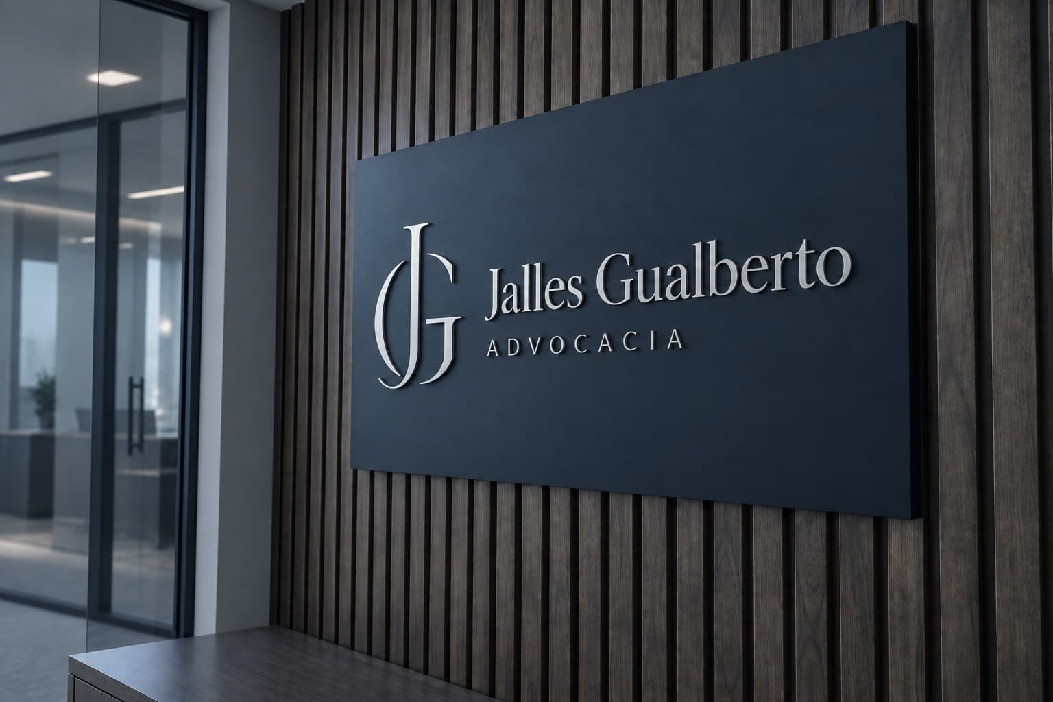 Placa marinho com o logotipo Jalles Gualberto Advocacia em letras de prata, na parede ripada do escritório
